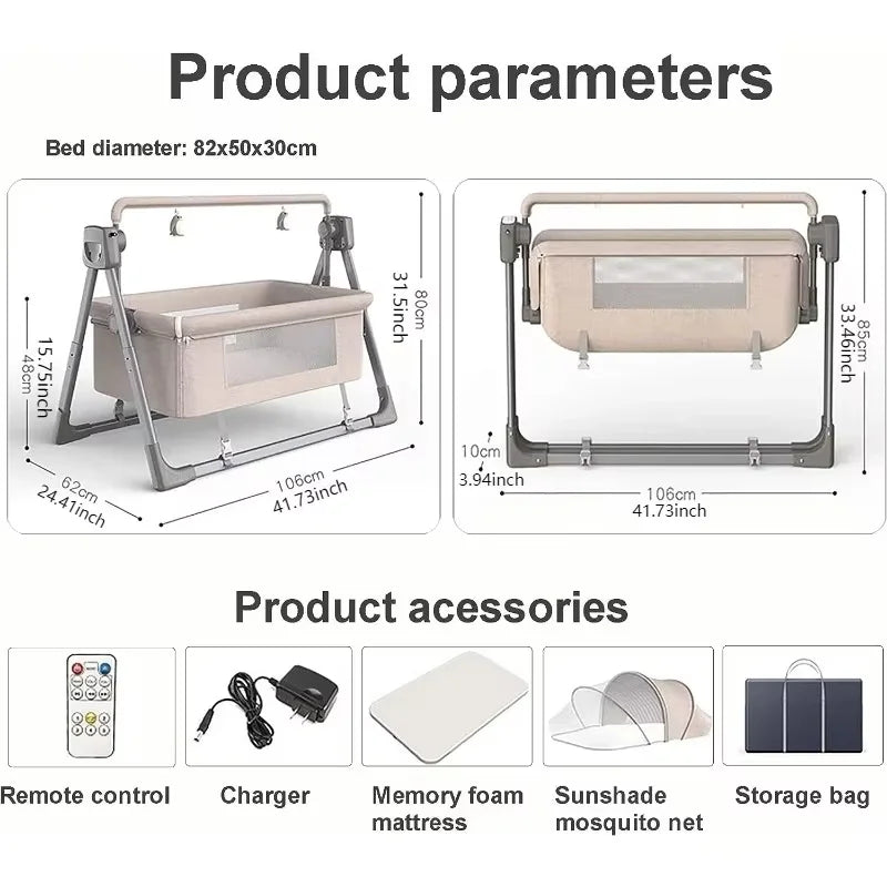 Cômoda Elétrica para Bebê Multifuncional – Berço Portátil e Cama Balancinho para Recém-Nascidos