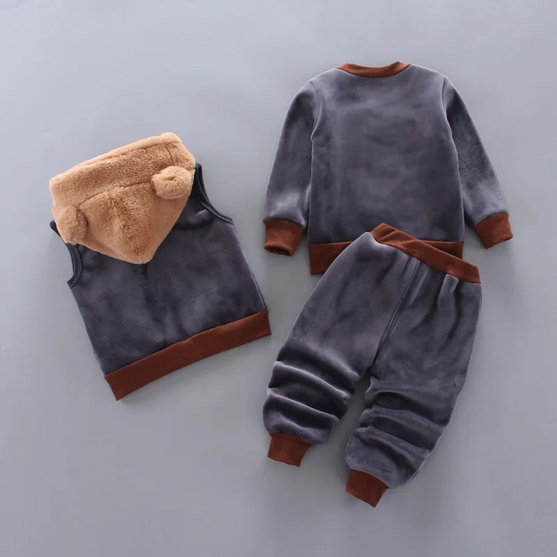 Conjunto de Roupas de Outono e Inverno para Bebês Meninos - Jaqueta, Colete e Calça em Algodão com Forro Aveludado, 3 Peças com Estampa de Urso