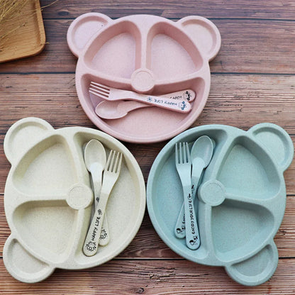 Conjunto de alimentação para bebês de 3 peças – Tigela, colher e garfo com design de urso para bebês e crianças.