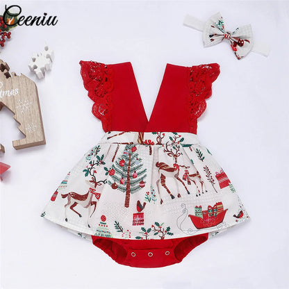 Ceeniu Roupa de Natal para Bebê Menina – Vestido com Estampa de Árvore de Natal e Boneco de Gengibre, "Meu Primeiro Natal"