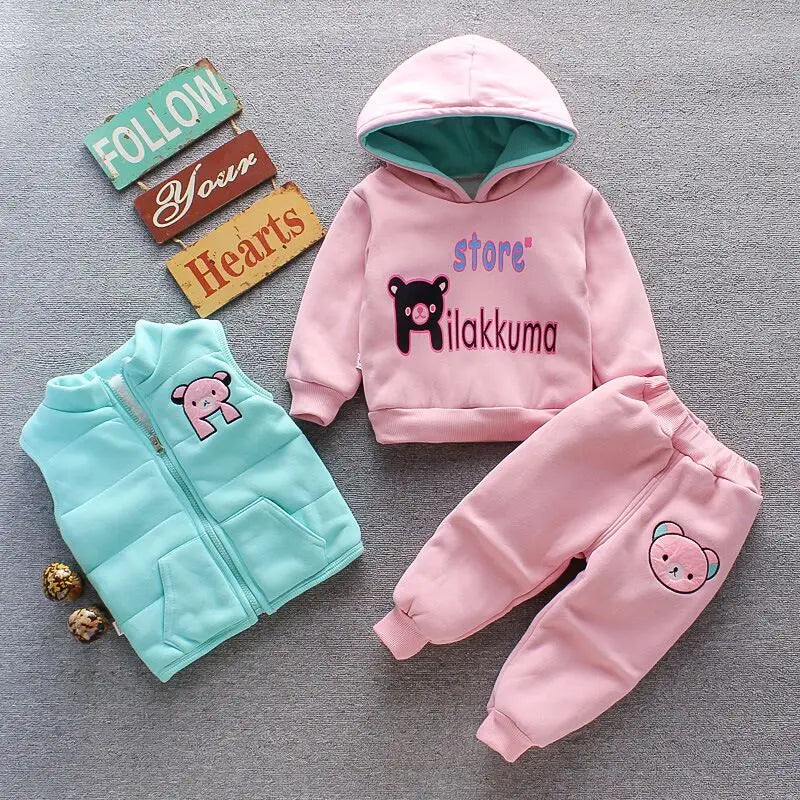 Conjunto de Roupas de Outono e Inverno para Bebês Meninos - Jaqueta, Colete e Calça em Algodão com Forro Aveludado, 3 Peças com Estampa de Urso