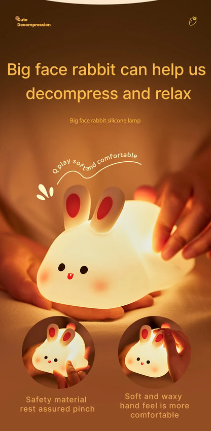 Big Face Rabbit Night Light Cute Silicone Rabbit Cartoon Soft Lamp Touch Night Light Children Sleep Light Room Decoration Gift