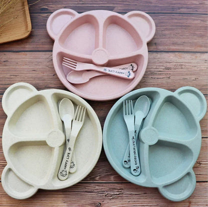 Conjunto de alimentação para bebês de 3 peças – Tigela, colher e garfo com design de urso para bebês e crianças.