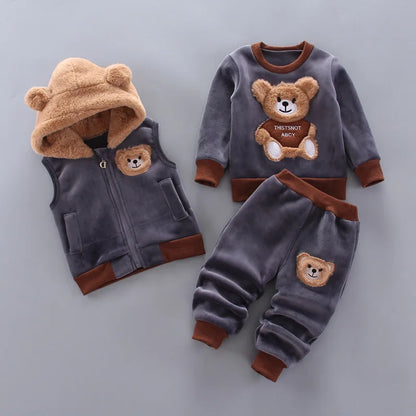 Conjunto de Roupas de Outono e Inverno para Bebês Meninos - Jaqueta, Colete e Calça em Algodão com Forro Aveludado, 3 Peças com Estampa de Urso