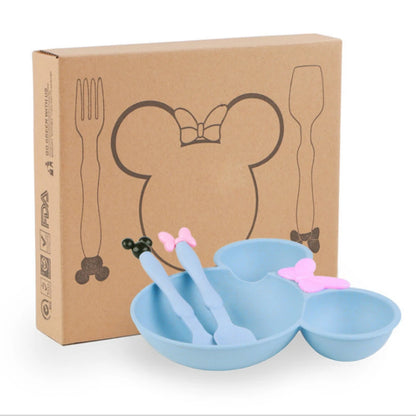 3Pcs/Set Cartoon Baby Bowl Tableware Set Wheat Straw Children's Dishes Kids Dinner Feeding Plate Bowknot Food Plate Spoon Fork