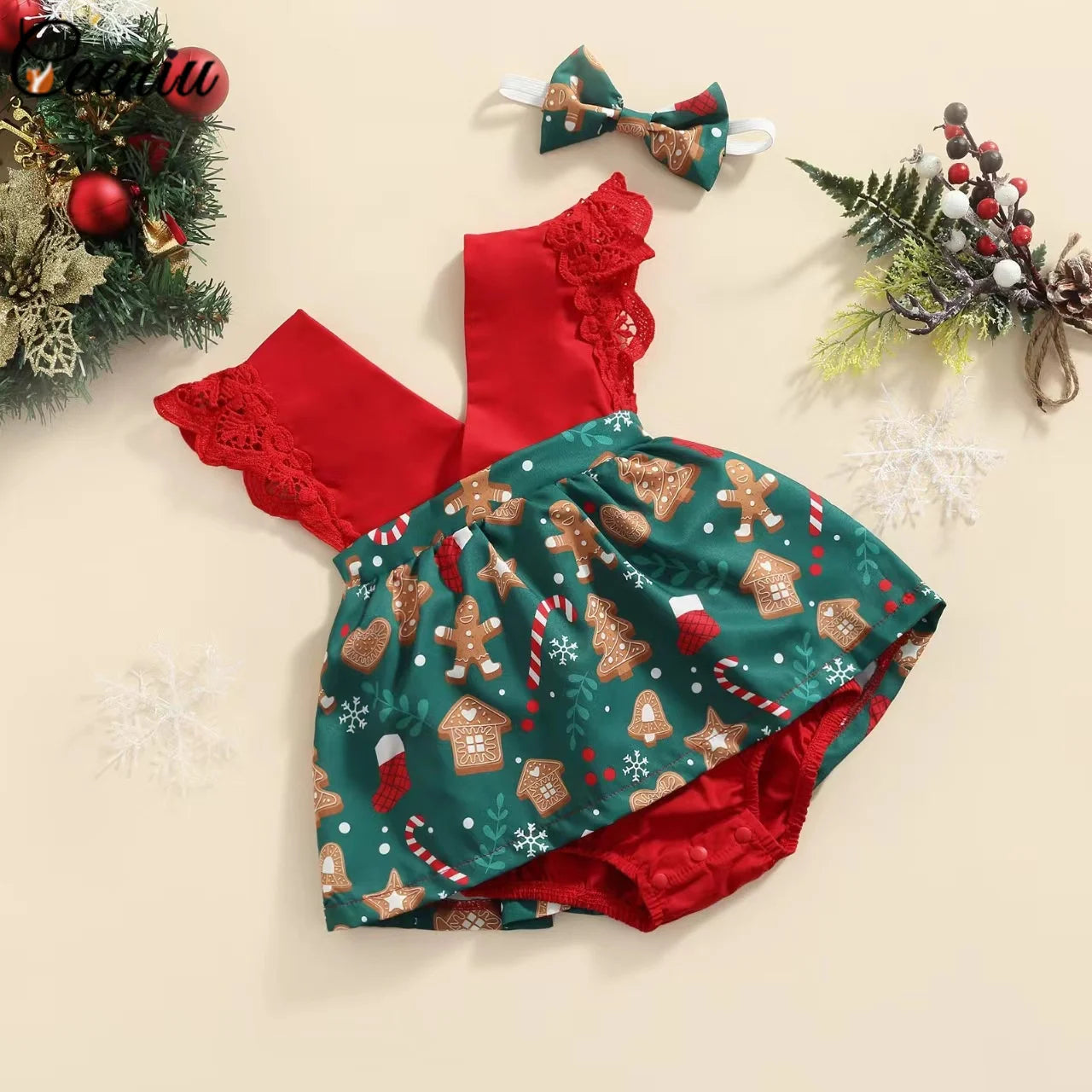 Ceeniu Roupa de Natal para Bebê Menina – Vestido com Estampa de Árvore de Natal e Boneco de Gengibre, "Meu Primeiro Natal"