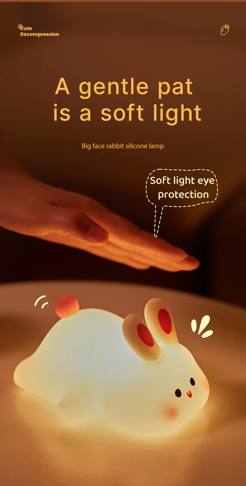 Big Face Rabbit Night Light Cute Silicone Rabbit Cartoon Soft Lamp Touch Night Light Children Sleep Light Room Decoration Gift