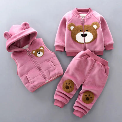 Conjunto de Roupas de Outono e Inverno para Bebês Meninos - Jaqueta, Colete e Calça em Algodão com Forro Aveludado, 3 Peças com Estampa de Urso