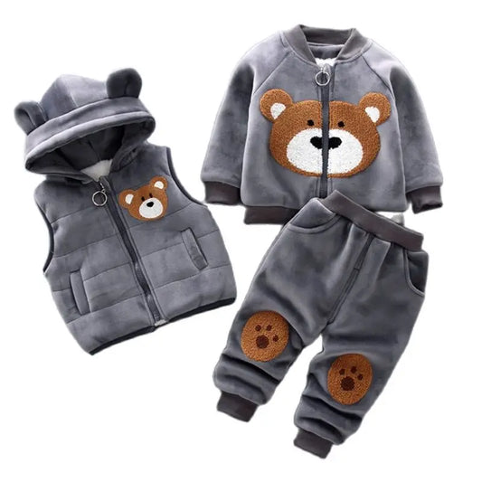 Conjunto de Roupas de Outono e Inverno para Bebês Meninos - Jaqueta, Colete e Calça em Algodão com Forro Aveludado, 3 Peças com Estampa de Urso