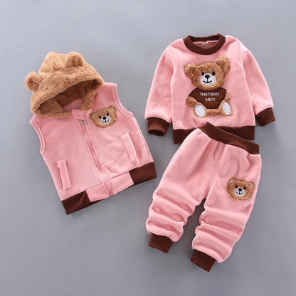 Conjunto de Roupas de Outono e Inverno para Bebês Meninos - Jaqueta, Colete e Calça em Algodão com Forro Aveludado, 3 Peças com Estampa de Urso