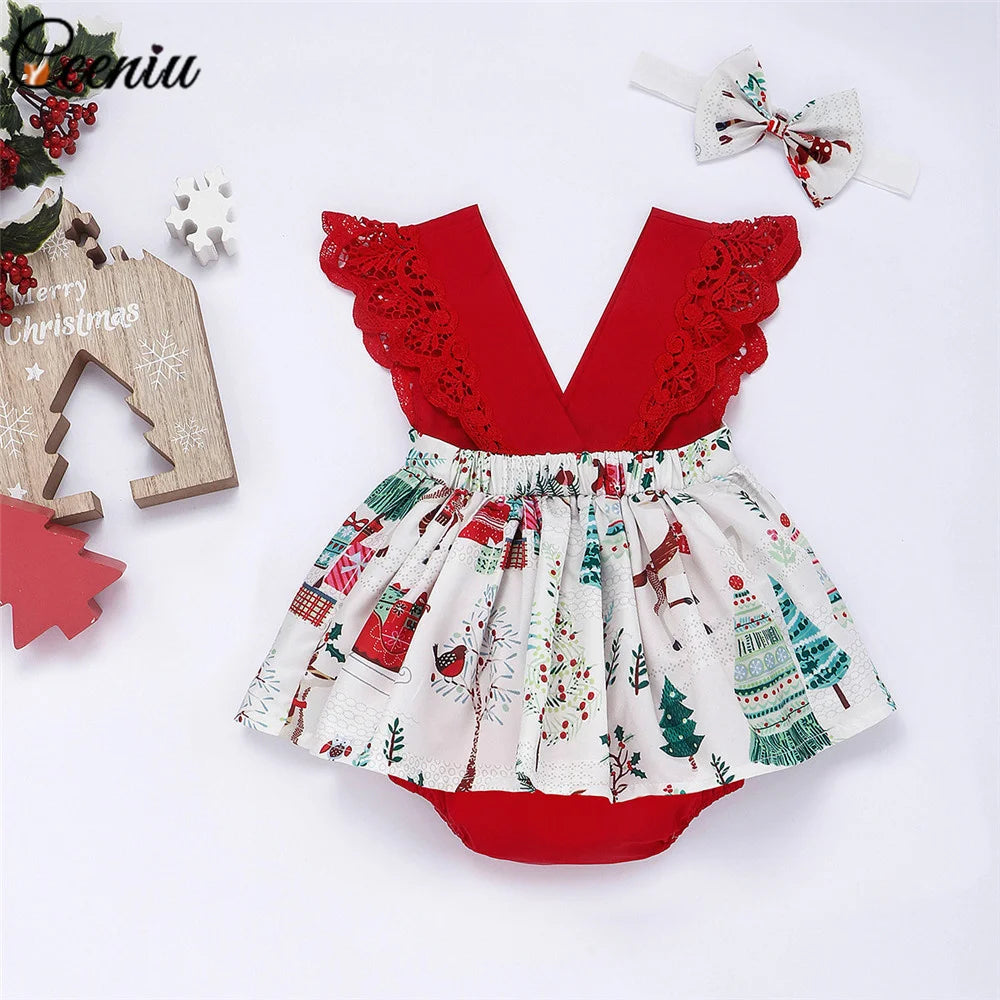 Ceeniu Roupa de Natal para Bebê Menina – Vestido com Estampa de Árvore de Natal e Boneco de Gengibre, "Meu Primeiro Natal"