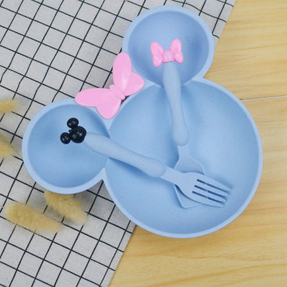 3Pcs/Set Cartoon Baby Bowl Tableware Set Wheat Straw Children's Dishes Kids Dinner Feeding Plate Bowknot Food Plate Spoon Fork