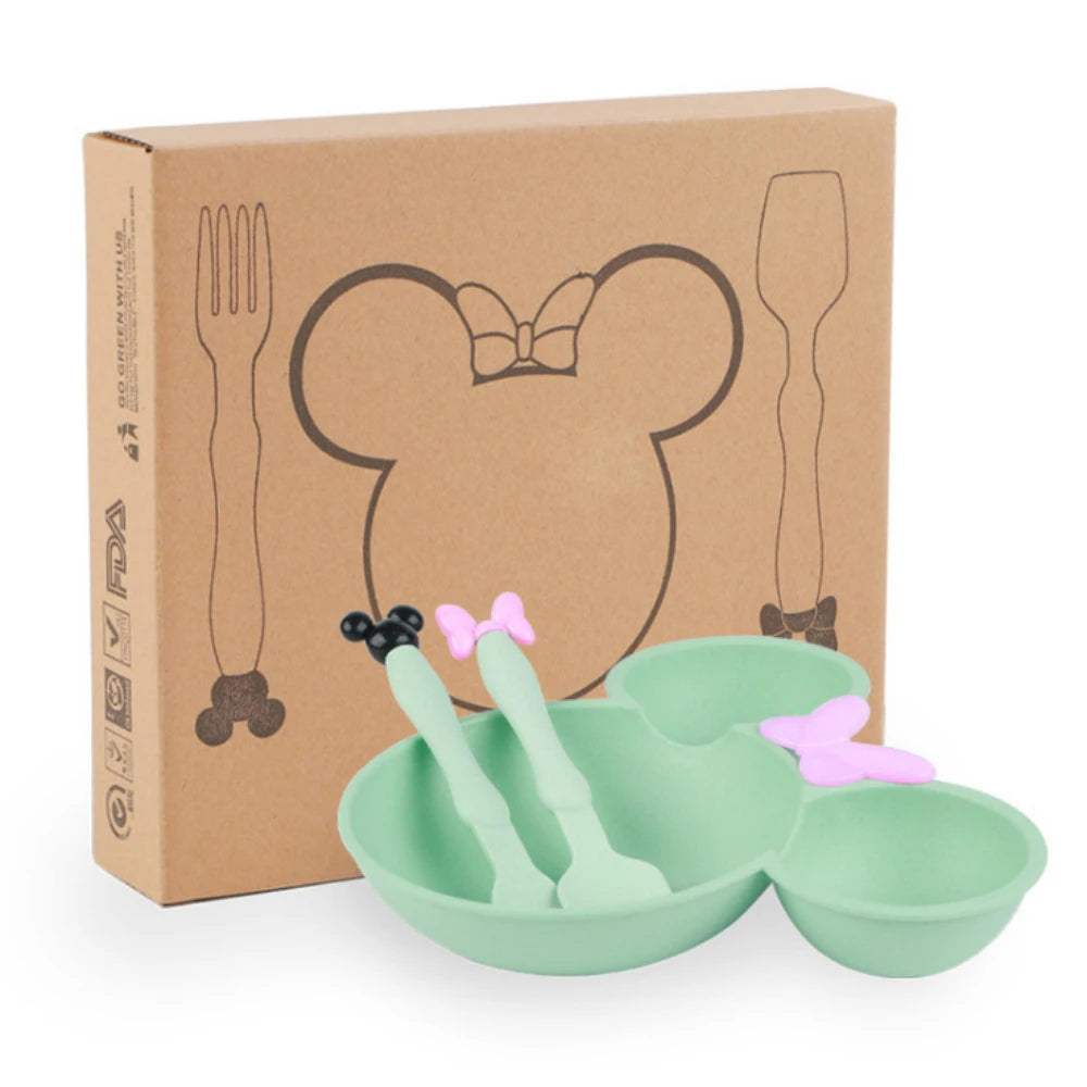 3Pcs/Set Cartoon Baby Bowl Tableware Set Wheat Straw Children's Dishes Kids Dinner Feeding Plate Bowknot Food Plate Spoon Fork