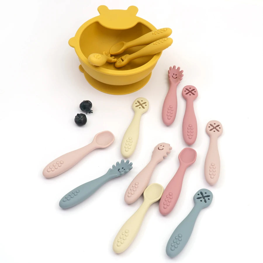 Conjunto de Talheres de Silicone para Bebês - 3 Peças com Colher e Garfo Macios para Aprendizado e Alimentação Infantil