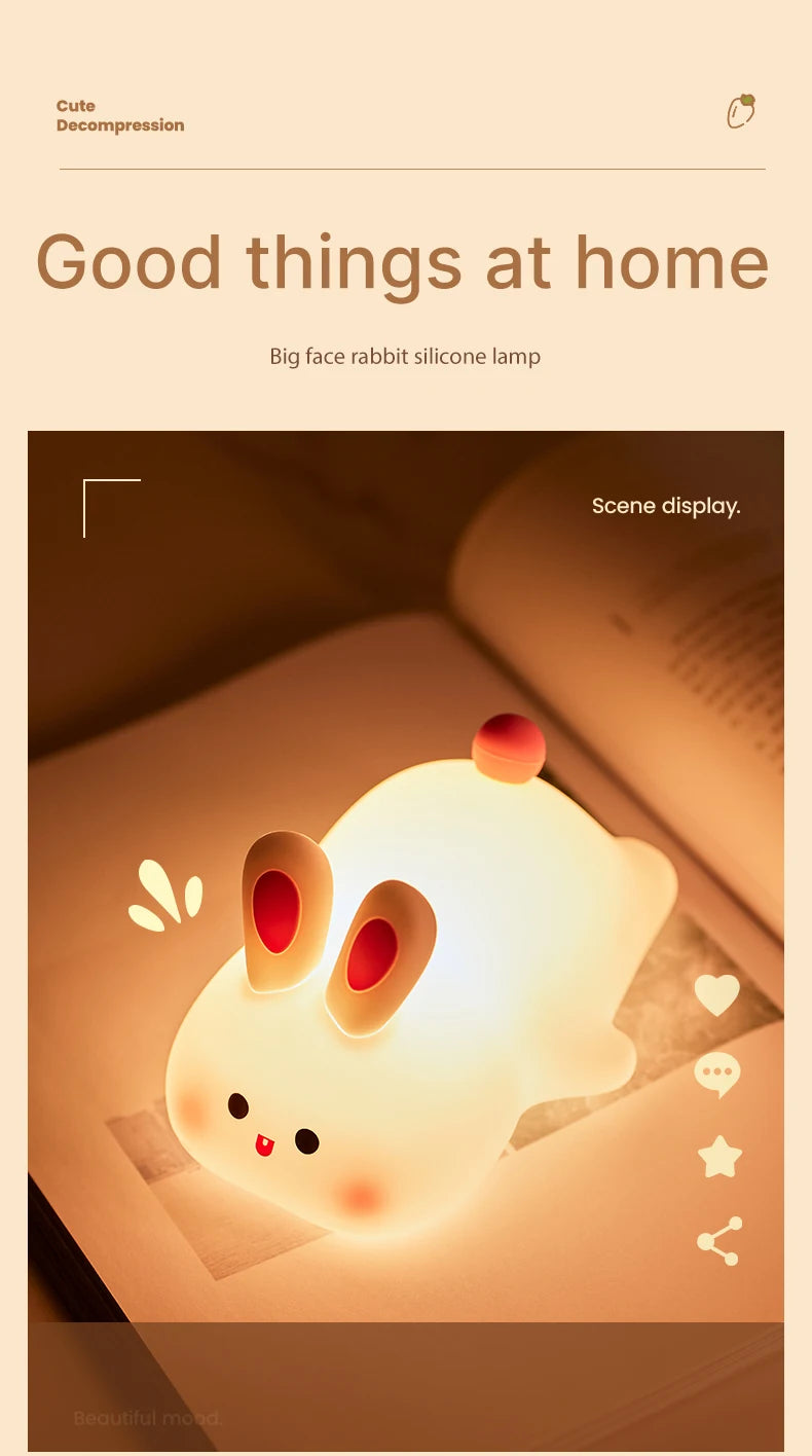 Big Face Rabbit Night Light Cute Silicone Rabbit Cartoon Soft Lamp Touch Night Light Children Sleep Light Room Decoration Gift