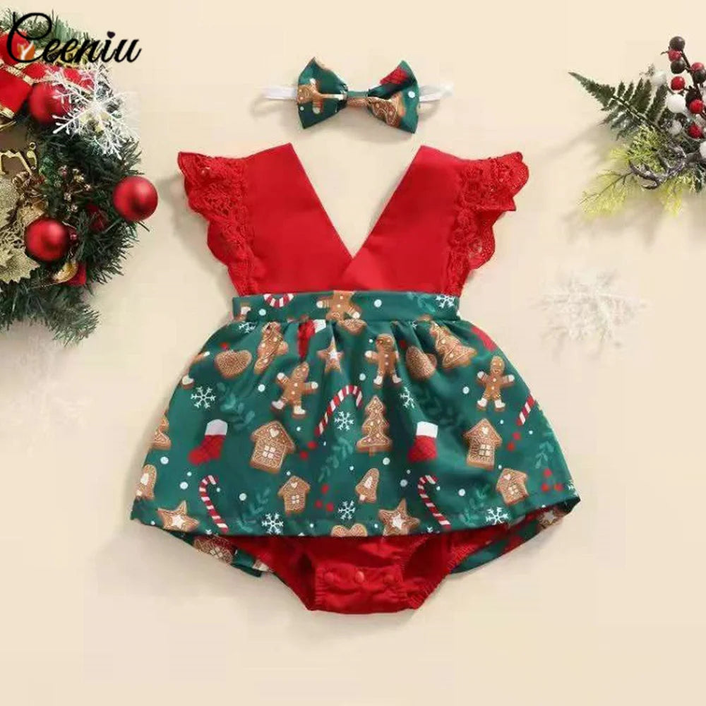 Ceeniu Roupa de Natal para Bebê Menina – Vestido com Estampa de Árvore de Natal e Boneco de Gengibre, "Meu Primeiro Natal"