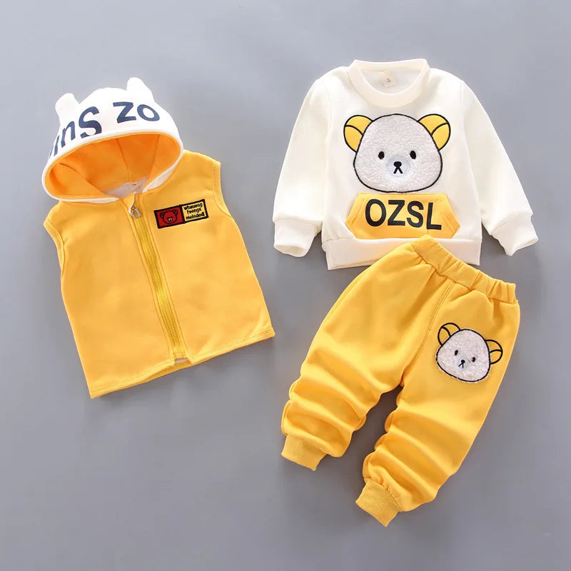 Conjunto de Roupas de Outono e Inverno para Bebês Meninos - Jaqueta, Colete e Calça em Algodão com Forro Aveludado, 3 Peças com Estampa de Urso