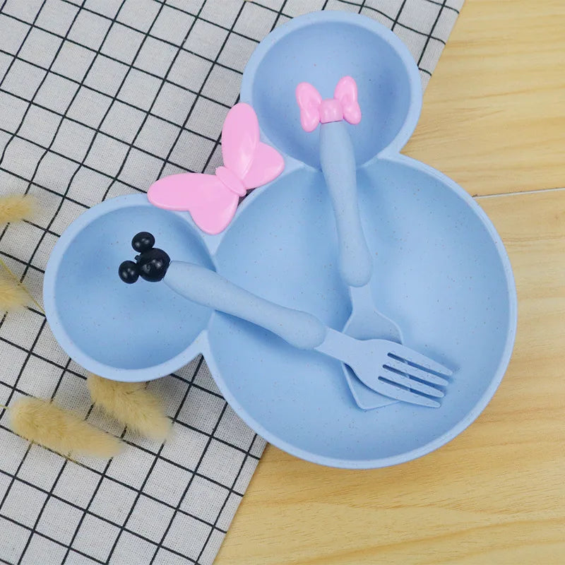 3Pcs/Set Cartoon Baby Bowl Tableware Set Wheat Straw Children's Dishes Kids Dinner Feeding Plate Bowknot Food Plate Spoon Fork