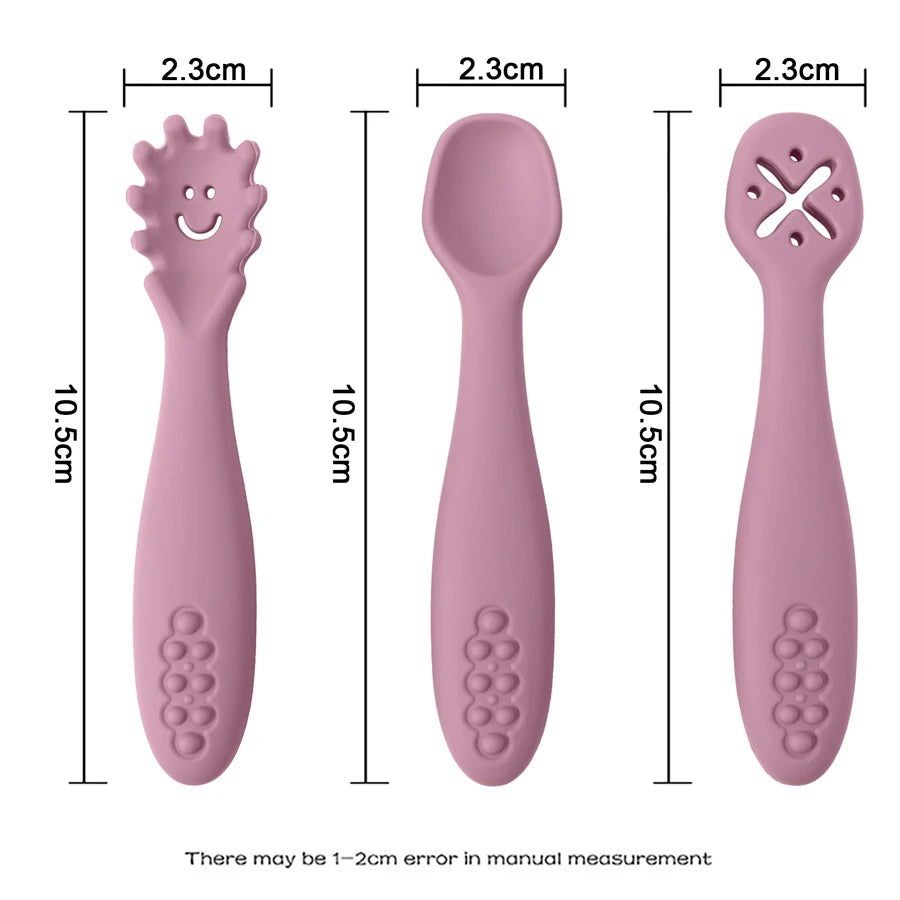 Conjunto de Talheres de Silicone para Bebês - 3 Peças com Colher e Garfo Macios para Aprendizado e Alimentação Infantil