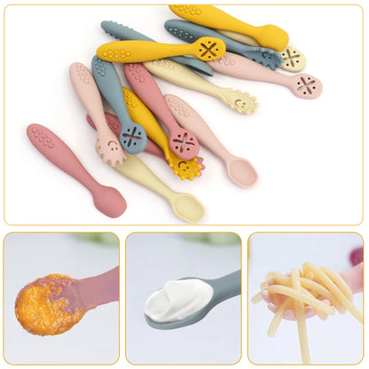 Conjunto de Talheres de Silicone para Bebês - 3 Peças com Colher e Garfo Macios para Aprendizado e Alimentação Infantil