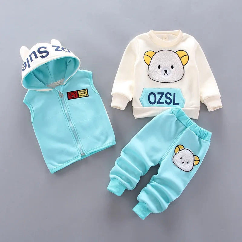 Conjunto de Roupas de Outono e Inverno para Bebês Meninos - Jaqueta, Colete e Calça em Algodão com Forro Aveludado, 3 Peças com Estampa de Urso