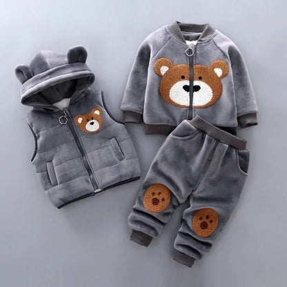 Conjunto de Roupas de Outono e Inverno para Bebês Meninos - Jaqueta, Colete e Calça em Algodão com Forro Aveludado, 3 Peças com Estampa de Urso