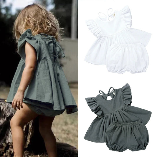 Conjunto de Princesa de Duas Peças, Blusa de Algodão com Babados + Shorts Bloomers