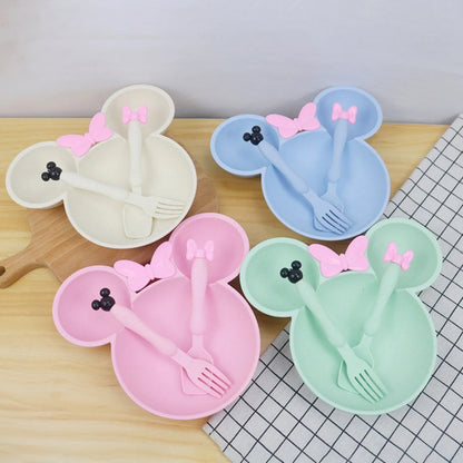 3Pcs/Set Cartoon Baby Bowl Tableware Set Wheat Straw Children's Dishes Kids Dinner Feeding Plate Bowknot Food Plate Spoon Fork