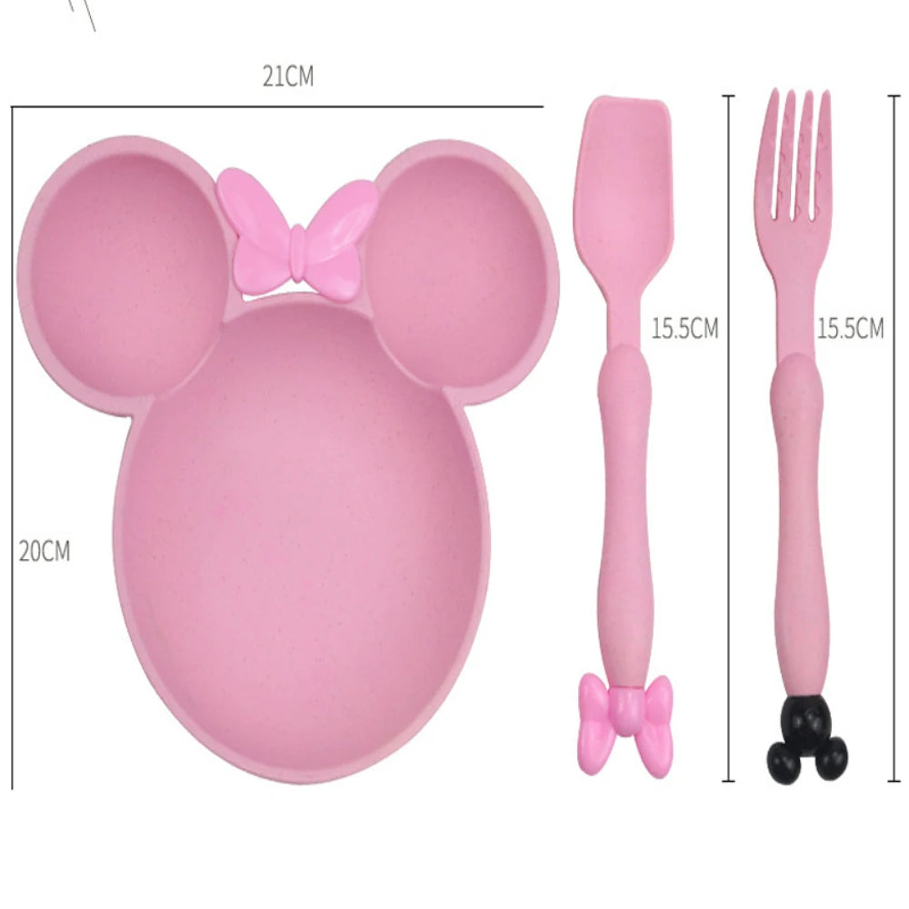 3Pcs/Set Cartoon Baby Bowl Tableware Set Wheat Straw Children's Dishes Kids Dinner Feeding Plate Bowknot Food Plate Spoon Fork