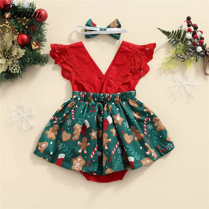 Ceeniu Roupa de Natal para Bebê Menina – Vestido com Estampa de Árvore de Natal e Boneco de Gengibre, "Meu Primeiro Natal"